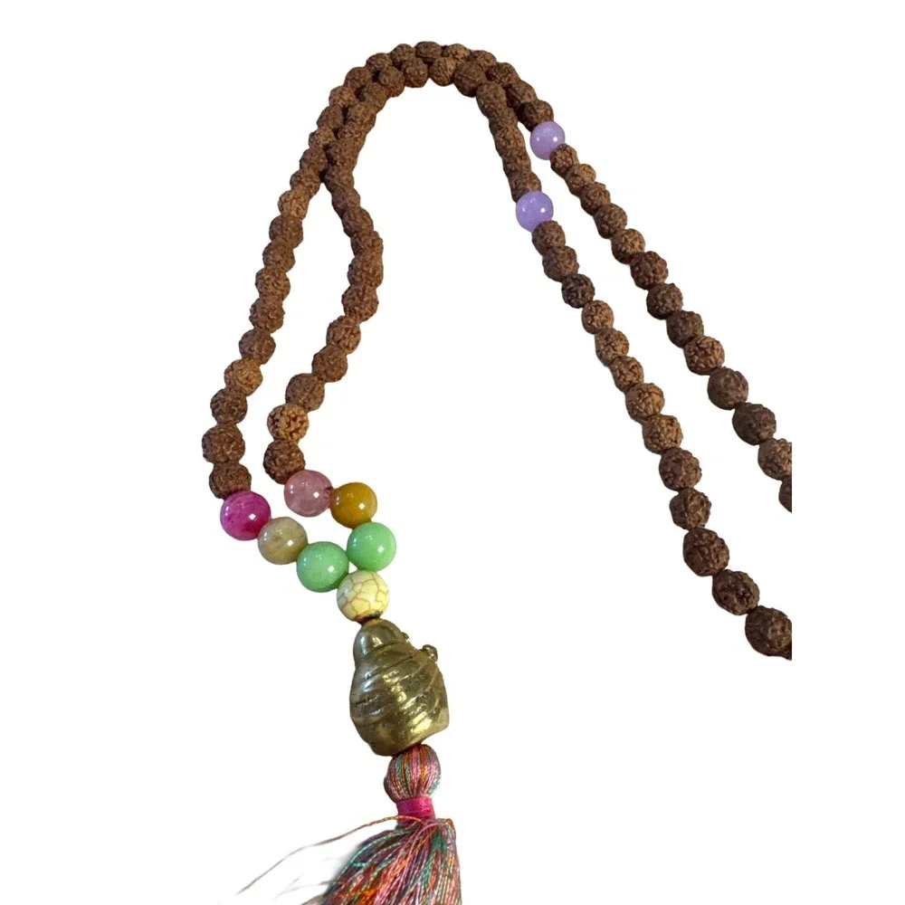 Boho Rudraksha Seed Mala Necklace Laughing Buddha Tassel Gemstone Beads VTG Yoga